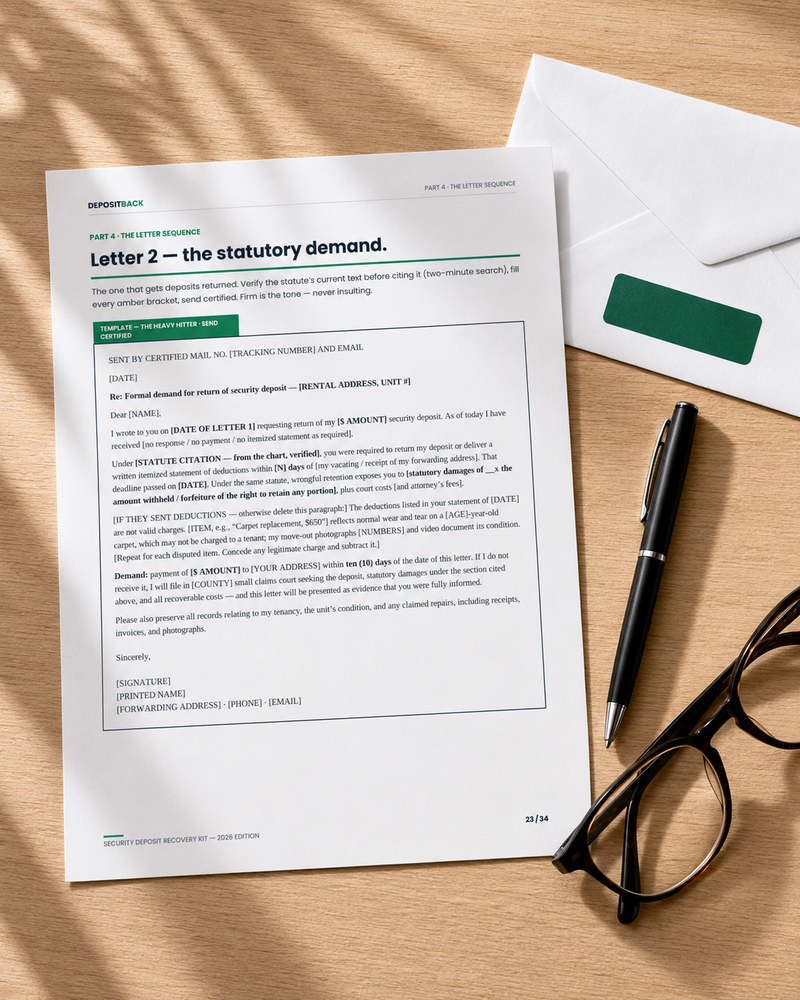 Printed demand letter with envelope and certified-mail slip, ready for the post office